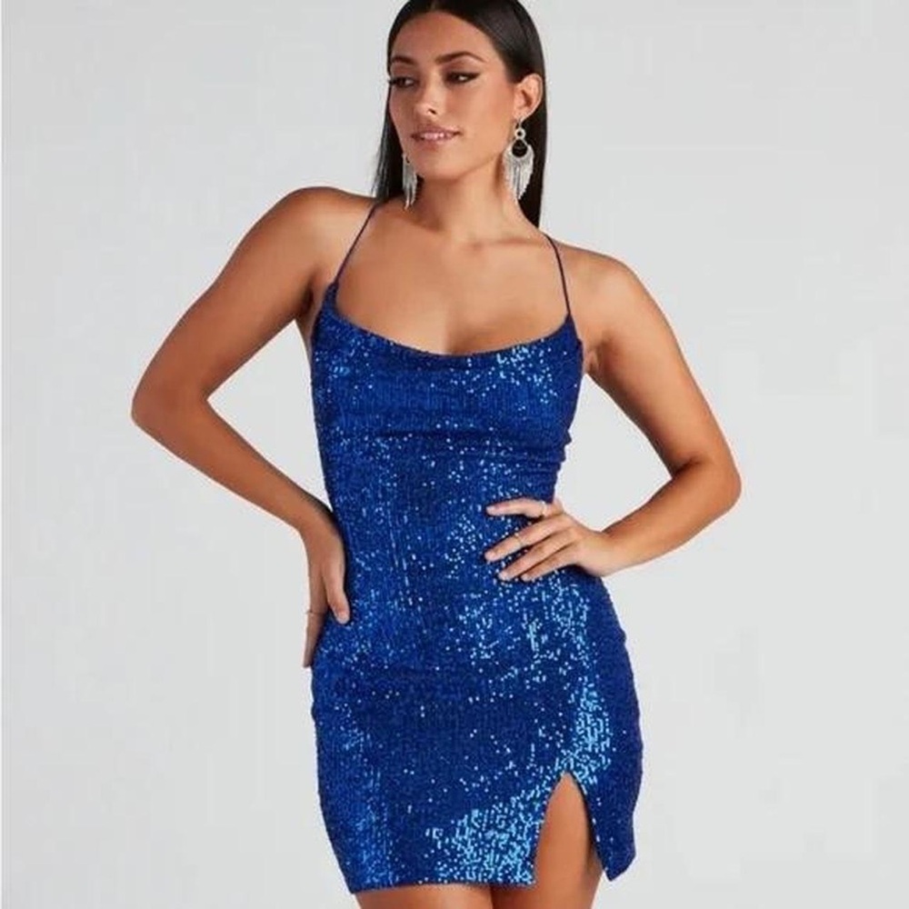 Windsor Blue Asymmetrical Sequin Mini Dress